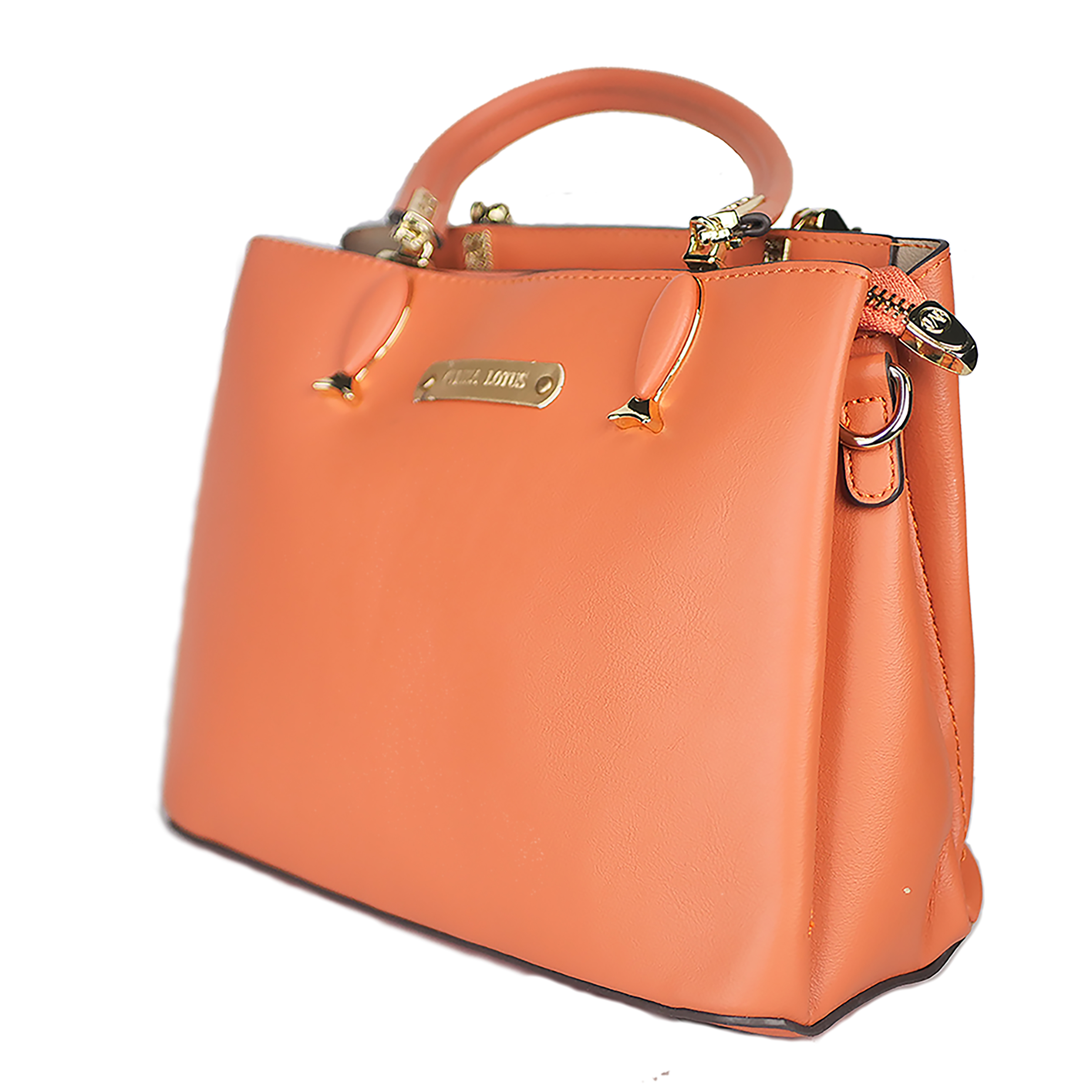 Trendy Orange Leather Handbag with Gold Accents